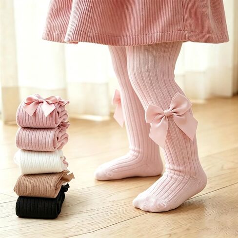 3 Pack Baby Girls Pink Bow Decor Footed Tights, Non-Slip Soft Stretchy Warm Tights for Infant Toddler Ages 6-12 Months in Kuwait