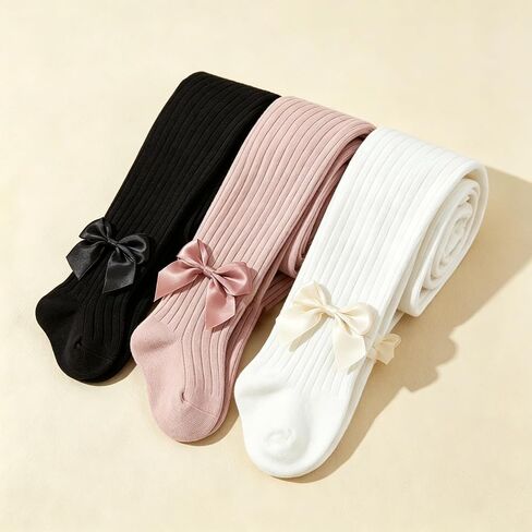 3 Pack Baby Girls Pink Bow Decor Footed Tights, Non-Slip Soft Stretchy Warm Tights for Infant Toddler Ages 6-12 Months in Kuwait
