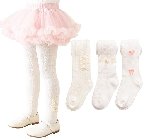 3 Pair Baby Girls Cotton Tights with Bowknot Thin Hollowed Mesh Lace Stockings Toddler Footed Leggings Pantyhose in Kuwait