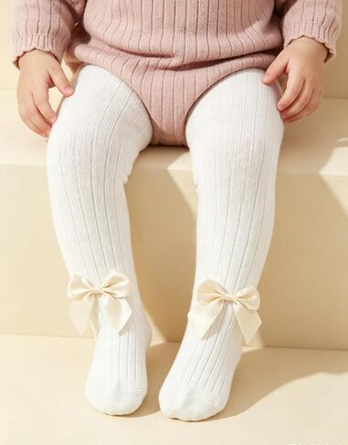 3 Pack Baby Girls Pink Bow Decor Footed Tights, Non-Slip Soft Stretchy Warm Tights for Infant Toddler Ages 6-12 Months in Kuwait