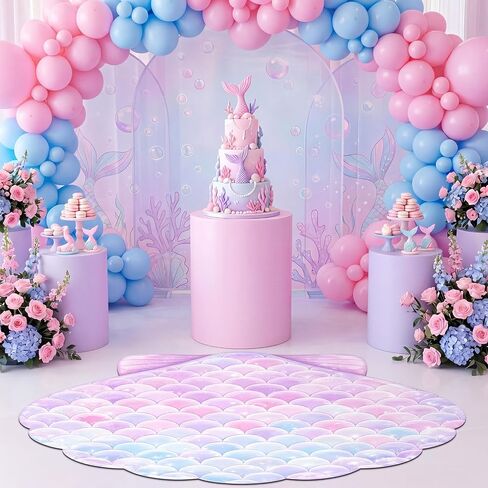 Blueweenly Mermaid Birthday Party Decoration 39x59 Inch Large Mermaid Tail Rug Under The Sea Seashell Soft Non Slip Absorbent Floor Mat Purple Pink Ocean Area Rug for Wedding Party Playroom Nursery in Kuwait