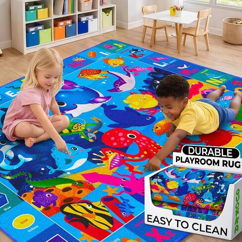 Quokka Medium Classroom Rug for Kids - 60x41 ABC Alphabet Rug for Playroom | Toddlers Soft and Safe Rug for Bedroom - Extra Thick Padded Rug for Playroom - Ocean Kids Activity Room Carpet in Kuwait