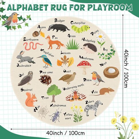 Capoda Alphabet Round Rug for Playroom Learning Alphabet Mat Woodland Animal Carpet Education Crawling Rug for Nursery Toddler Kids Bedroom Reading Corner Decor Supplies, 40 Inch in Kuwait