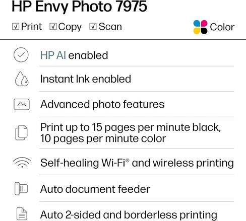 HP Envy Photo 7975 Wireless Color Inkjet Photo Printer, Print, scan, Copy, Easy Setup, Mobile Printing, Best-for-Home, 3 Month Trial of Instant Ink Included, AI-Enabled (B63K3A) (Renewed) in Kuwait