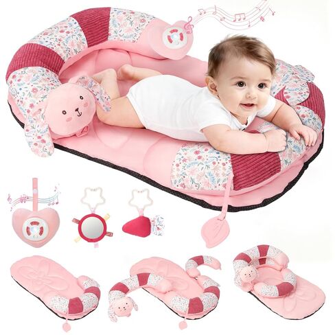 2-in-1 Tummy Time Activity Mat & Seated Support with 5 Toys, Baby Floor Seat for Tummy Time, Soft, Non-Slip, Musical Stuffed Toys, Sensory Development Gifts for Newborn Babies in Kuwait