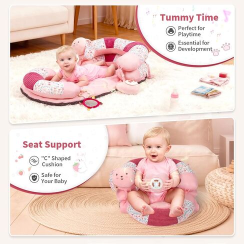 2-in-1 Tummy Time Activity Mat & Seated Support with 5 Toys, Baby Floor Seat for Tummy Time, Soft, Non-Slip, Musical Stuffed Toys, Sensory Development Gifts for Newborn Babies in Kuwait