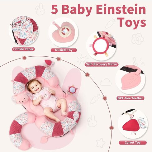 2-in-1 Tummy Time Activity Mat & Seated Support with 5 Toys, Baby Floor Seat for Tummy Time, Soft, Non-Slip, Musical Stuffed Toys, Sensory Development Gifts for Newborn Babies in Kuwait