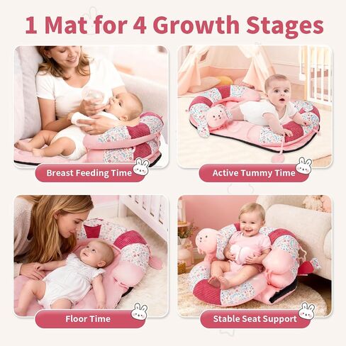 2-in-1 Tummy Time Activity Mat & Seated Support with 5 Toys, Baby Floor Seat for Tummy Time, Soft, Non-Slip, Musical Stuffed Toys, Sensory Development Gifts for Newborn Babies in Kuwait