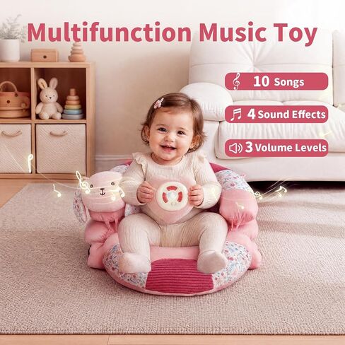 2-in-1 Tummy Time Activity Mat & Seated Support with 5 Toys, Baby Floor Seat for Tummy Time, Soft, Non-Slip, Musical Stuffed Toys, Sensory Development Gifts for Newborn Babies in Kuwait