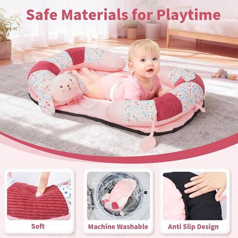 2-in-1 Tummy Time Activity Mat & Seated Support with 5 Toys, Baby Floor Seat for Tummy Time, Soft, Non-Slip, Musical Stuffed Toys, Sensory Development Gifts for Newborn Babies in Kuwait