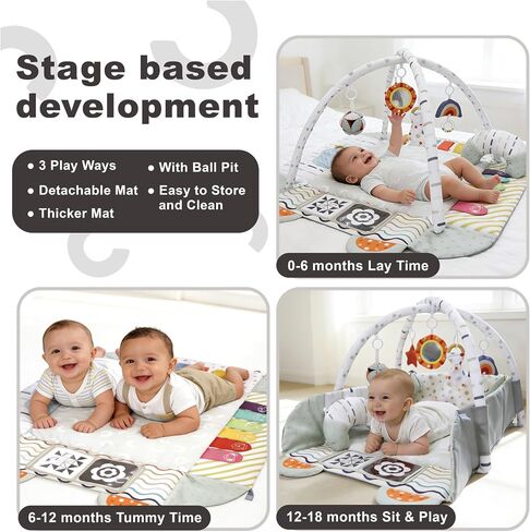 Aila+Aiden Baby Gym Play Mat, 8-in-1 Tummy Time Mat & Activity Gym, Washable Ball Pit, Infant Play Mat with Detachable Toys for Sensory Exploration and Motor Skill Development in Saudi Arabia