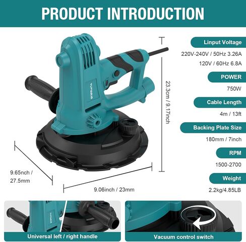 Drywall Sander, 750W Electric Drywall Sander with Vacuum Dust Collection, Variable Speed 1500–2700 RPM Wall Sander with 180mm Sanding Disc & Complete Accessories in Kuwait