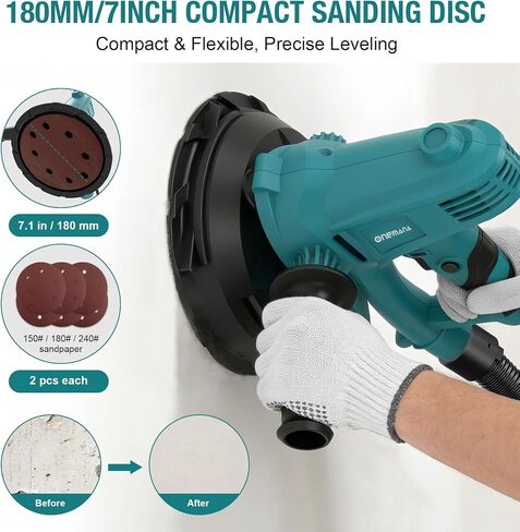Drywall Sander, 750W Electric Drywall Sander with Vacuum Dust Collection, Variable Speed 1500–2700 RPM Wall Sander with 180mm Sanding Disc & Complete Accessories in Kuwait