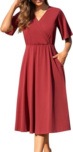 Women's Maternity Nursing Dresses Breastfeeding Cotton Wrap V Neck Breastfeeding Dress with Pockets in Kuwait