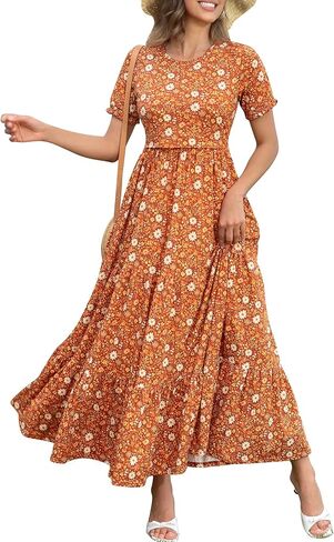 Women's Nursing Dresses Breastfeeding Cotton Short Sleeve Tiered Maxi Breastfeeding Dress with Pockets in Kuwait