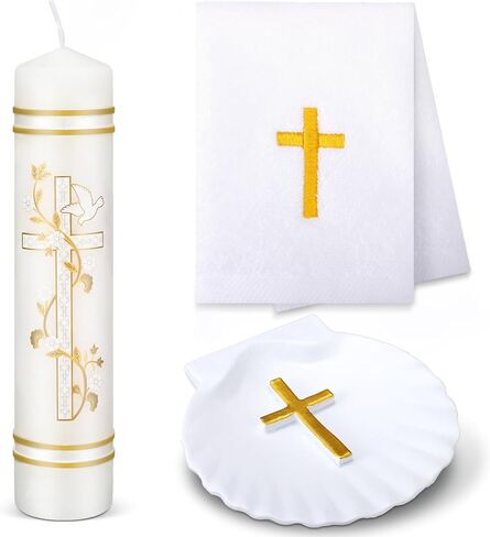 Lyrow Baptism Candle Set Complete Christening Gift Kit with Shell, Candle & Towel, White Gold Communion for Baptism, First Holy Communion, Catholic Sacraments (Simple) in Kuwait