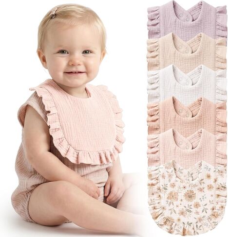 Konssy 6-Pack Muslin Baby Bibs for Girls, Soft 100% Cotton Drool Bibs with Ruffle Trim, Adjustable Infant Feeding Bibs in Kuwait