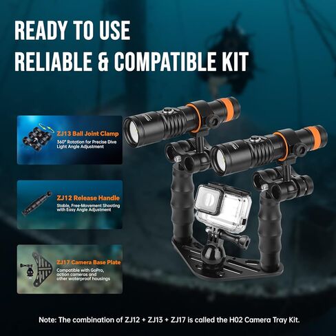 ORCATORCH D710V MK2 Dual Underwater Video Light Kit, 4600 Lumens (2x2300) Tri-Color Scuba Diving Photography Rig with H02 Camera Tray, Handle & Ball Joint Clamps, 120° Wide Beam for Gopro & Action Cam in Kuwait
