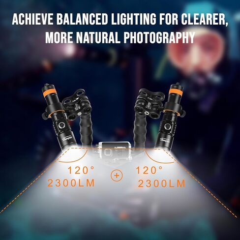 ORCATORCH D710V MK2 Dual Underwater Video Light Kit, 4600 Lumens (2x2300) Tri-Color Scuba Diving Photography Rig with H02 Camera Tray, Handle & Ball Joint Clamps, 120° Wide Beam for Gopro & Action Cam in Kuwait