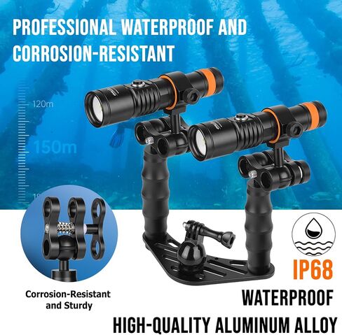 ORCATORCH D710V MK2 Dual Underwater Video Light Kit, 4600 Lumens (2x2300) Tri-Color Scuba Diving Photography Rig with H02 Camera Tray, Handle & Ball Joint Clamps, 120° Wide Beam for Gopro & Action Cam in Kuwait