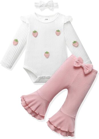 Vibebox Baby Girl Clothes Fall Winter Coming Home Outfits Preemie-12 Months | Newborn Preemie Girl Long Sleeve Ruffle Romper Tops Bell Bottom Pants, Infant Girls Fall Outfit Clothing Sets with Headband in Kuwait