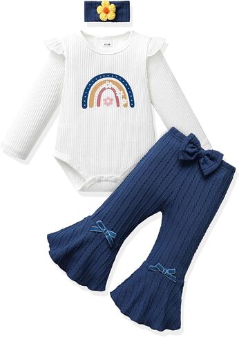 Vibebox Baby Girl Clothes Fall Winter Coming Home Outfits Preemie-12 Months | Newborn Preemie Girl Long Sleeve Ruffle Romper Tops Bell Bottom Pants, Infant Girls Fall Outfit Clothing Sets with Headband in Kuwait