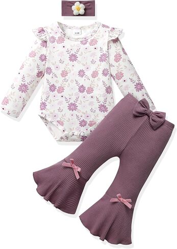 Vibebox Baby Girl Clothes Fall Winter Coming Home Outfits Preemie-12 Months | Newborn Preemie Girl Long Sleeve Ruffle Romper Tops Bell Bottom Pants, Infant Girls Fall Outfit Clothing Sets with Headband in Kuwait