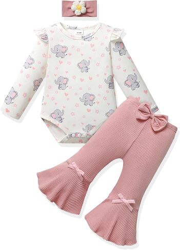 Vibebox Baby Girl Clothes Fall Winter Coming Home Outfits Preemie-12 Months | Newborn Preemie Girl Long Sleeve Ruffle Romper Tops Bell Bottom Pants, Infant Girls Fall Outfit Clothing Sets with Headband in Kuwait