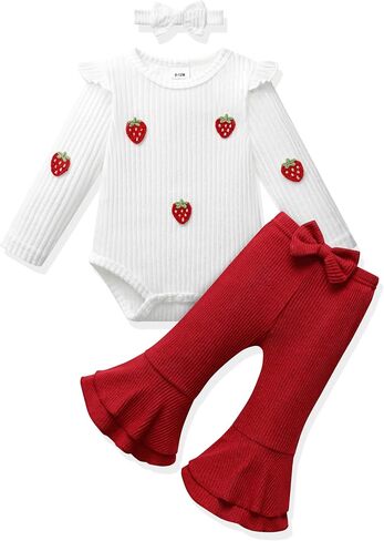 Vibebox Baby Girl Clothes Fall Winter Coming Home Outfits Preemie-12 Months | Newborn Preemie Girl Long Sleeve Ruffle Romper Tops Bell Bottom Pants, Infant Girls Fall Outfit Clothing Sets with Headband in Kuwait