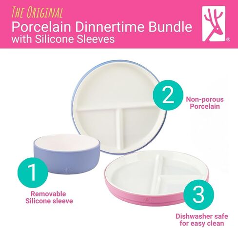 Elk and Friends Kids Porcelain Mealtime Bundle | 7.8" Plates & Bowls | 8 Pcs | Microwave & Dishwasher Safe in Kuwait