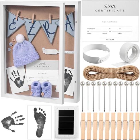 Novabright 26 Pcs 11x14 Inch Baby Shadow Box Frame Kit Large Newborn Keepsake White DIY Box with Handprint Footprint Ink Pad Birth Certificate Card Nursery Decor Baby Shower Frame Gift for Mom Dad in Kuwait