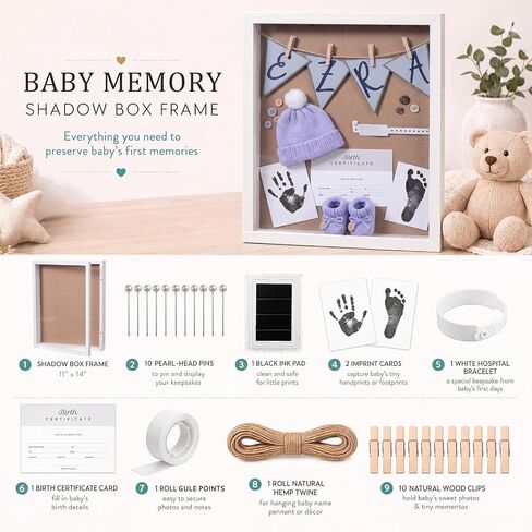 Novabright 26 Pcs 11x14 Inch Baby Shadow Box Frame Kit Large Newborn Keepsake White DIY Box with Handprint Footprint Ink Pad Birth Certificate Card Nursery Decor Baby Shower Frame Gift for Mom Dad in Kuwait
