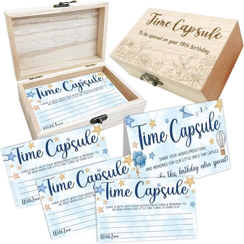 Time Capsule Box for Baby Shower and 1st Birthday, Moon and Stars Keepsake Kit with 50 Advice Cards, Folded Sign and Natural Wooden Box, Baby Memory Party Decoration Gift for New Parents - A06 in Kuwait