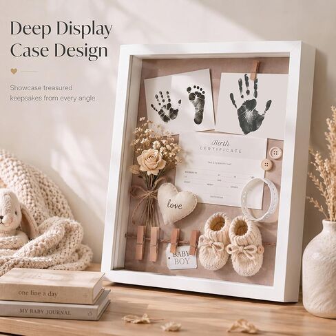 Novabright 26 Pcs 11x14 Inch Baby Shadow Box Frame Kit Large Newborn Keepsake White DIY Box with Handprint Footprint Ink Pad Birth Certificate Card Nursery Decor Baby Shower Frame Gift for Mom Dad in Kuwait