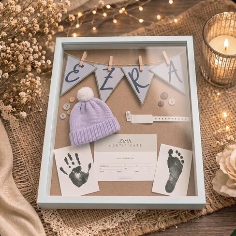 Novabright 26 Pcs 11x14 Inch Baby Shadow Box Frame Kit Large Newborn Keepsake White DIY Box with Handprint Footprint Ink Pad Birth Certificate Card Nursery Decor Baby Shower Frame Gift for Mom Dad in Kuwait