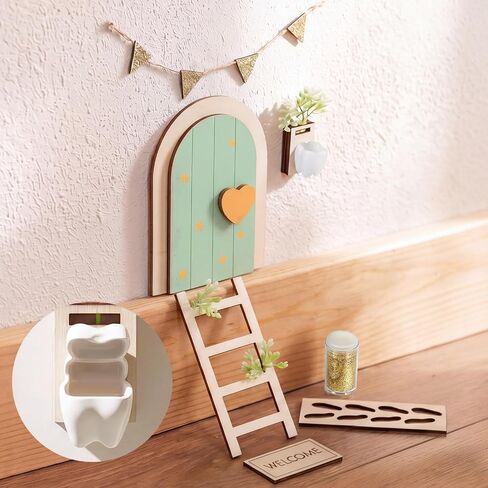Shappy Tooth Fairy Door Set Tooth Keepsake Box Kit Sage Green Fairy Door Kit with Teeth Mailbox for Lost Teeth, Ladder, Flag, Mat, Ideal Gift for Girl Boy Kids Bedroom Wall Decor in Kuwait