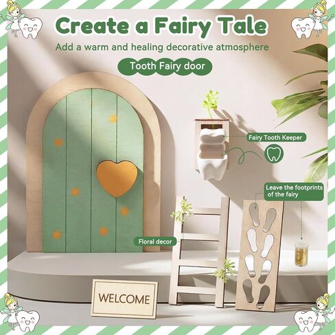 Shappy Tooth Fairy Door Set Tooth Keepsake Box Kit Sage Green Fairy Door Kit with Teeth Mailbox for Lost Teeth, Ladder, Flag, Mat, Ideal Gift for Girl Boy Kids Bedroom Wall Decor in Kuwait