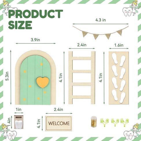 Shappy Tooth Fairy Door Set Tooth Keepsake Box Kit Sage Green Fairy Door Kit with Teeth Mailbox for Lost Teeth, Ladder, Flag, Mat, Ideal Gift for Girl Boy Kids Bedroom Wall Decor in Kuwait