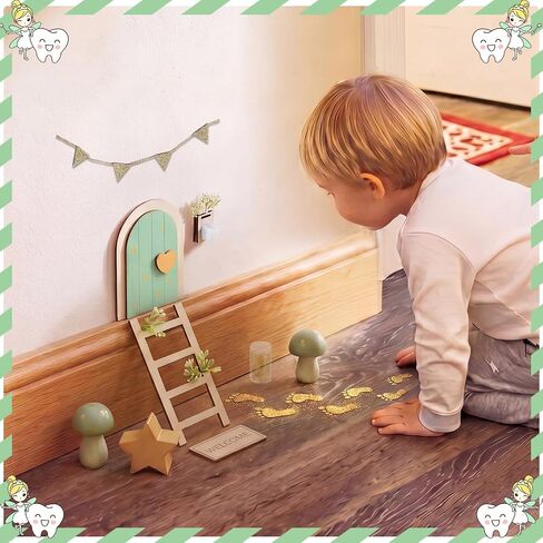 Shappy Tooth Fairy Door Set Tooth Keepsake Box Kit Sage Green Fairy Door Kit with Teeth Mailbox for Lost Teeth, Ladder, Flag, Mat, Ideal Gift for Girl Boy Kids Bedroom Wall Decor in Kuwait