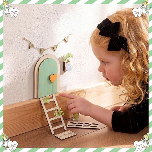 Shappy Tooth Fairy Door Set Tooth Keepsake Box Kit Sage Green Fairy Door Kit with Teeth Mailbox for Lost Teeth, Ladder, Flag, Mat, Ideal Gift for Girl Boy Kids Bedroom Wall Decor in Kuwait