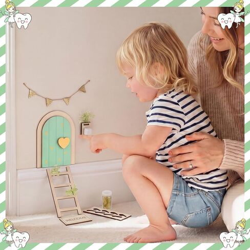 Shappy Tooth Fairy Door Set Tooth Keepsake Box Kit Sage Green Fairy Door Kit with Teeth Mailbox for Lost Teeth, Ladder, Flag, Mat, Ideal Gift for Girl Boy Kids Bedroom Wall Decor in Kuwait