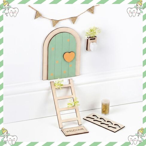 Shappy Tooth Fairy Door Set Tooth Keepsake Box Kit Sage Green Fairy Door Kit with Teeth Mailbox for Lost Teeth, Ladder, Flag, Mat, Ideal Gift for Girl Boy Kids Bedroom Wall Decor in Kuwait