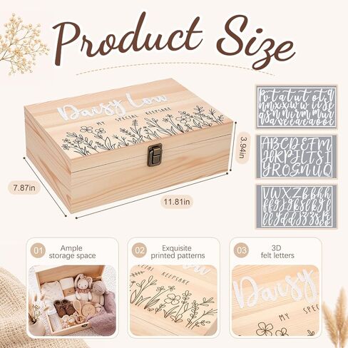 Novabright Wooden Baby Memories Keepsake Box with 3 Set Felt Letter Custom Name Baptism Gifts for Boys Girls First Keepsake Box Parent Newborn Baptismal Birthday Gift for Mementos in Kuwait