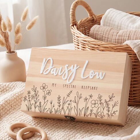 Novabright Wooden Baby Memories Keepsake Box with 3 Set Felt Letter Custom Name Baptism Gifts for Boys Girls First Keepsake Box Parent Newborn Baptismal Birthday Gift for Mementos in Kuwait