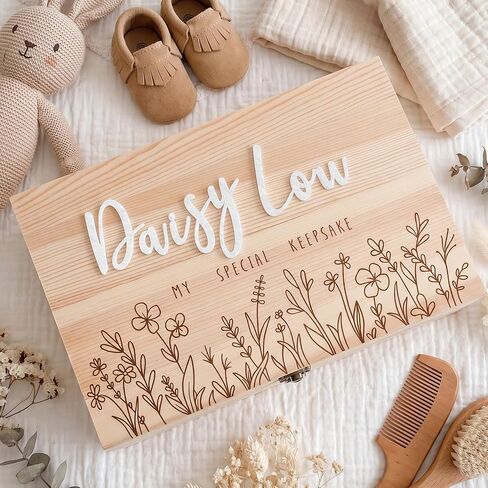 Novabright Wooden Baby Memories Keepsake Box with 3 Set Felt Letter Custom Name Baptism Gifts for Boys Girls First Keepsake Box Parent Newborn Baptismal Birthday Gift for Mementos in Kuwait