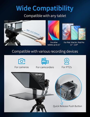 FEELWORLD TP21 21" Professional Teleprompter for Up to 21" DSLR Camera Tablet ipad Phone Video Record for Live Stream Interview Speech with Remote Control in Kuwait