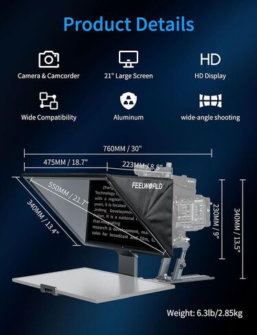 FEELWORLD TP21 21" Professional Teleprompter for Up to 21" DSLR Camera Tablet ipad Phone Video Record for Live Stream Interview Speech with Remote Control in Kuwait