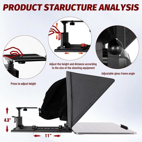 i7 /14-inch teleprompter with Remote Control, Adjustable Camera mounting Platform (Aluminum), rotatable Tempered Optical Glass, Carrying case Included. in Kuwait