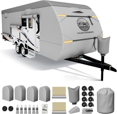 Heavy Duty Travel Trailer RV Cover 14-16ft, 8 Layers Breathable Waterproof Rip-Stop Camper Cover with Adhesive Repair Patches, Gutter, Tire & Additional Straps in Kuwait