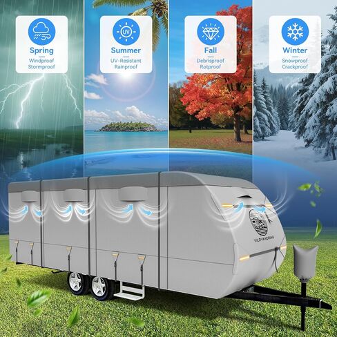 Heavy Duty Travel Trailer RV Cover 14-16ft, 8 Layers Breathable Waterproof Rip-Stop Camper Cover with Adhesive Repair Patches, Gutter, Tire & Additional Straps in Kuwait